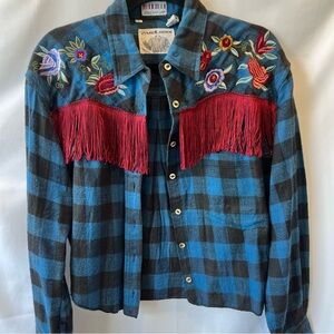 Vintage Carol Horn Blue and Black Plaid with Red Fringe and Embroidery Size L